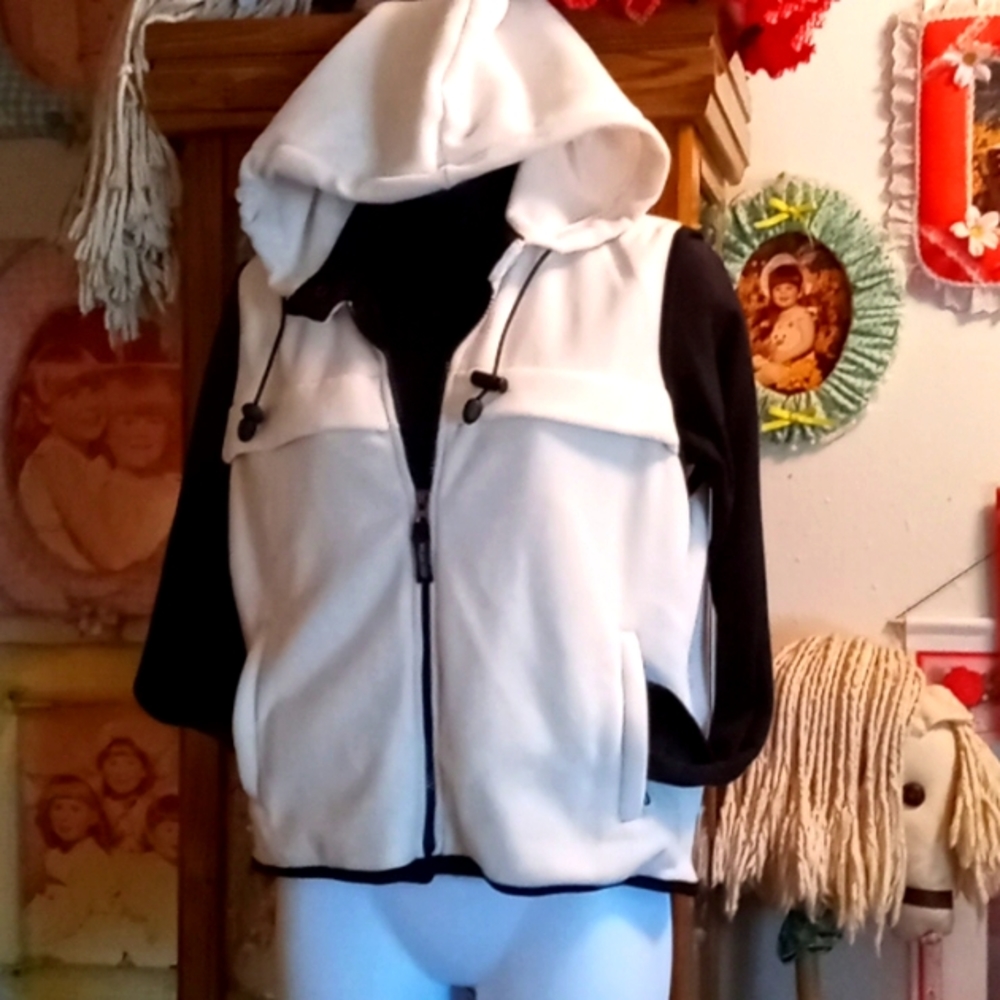 NWOT, Vintage 80s,Cream Zip Hoody Vest & Black Long Sleeved Knit Top, 2-Pc. Set